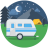 icône d'une caravane dans un camping, de nuit